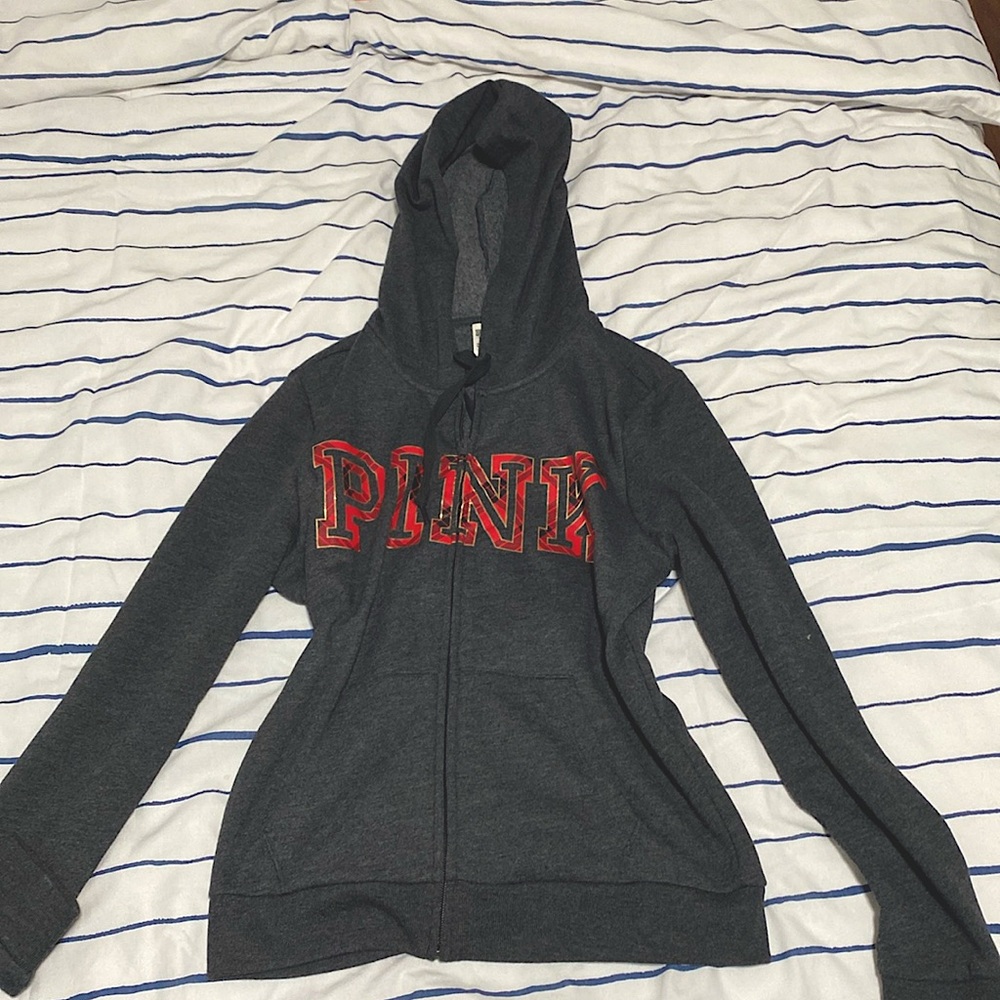 PINK victoria secret jacket zipup in grayish black and font red with hood